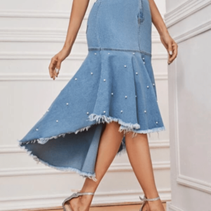 Saia longa jeans calda sereia