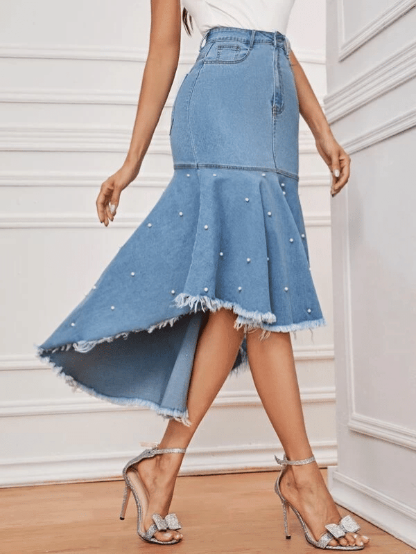 Saia longa jeans calda sereia